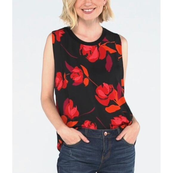 Cabi 4552 Complete Top Shine Black Red Flower Print Sleeveless Oversized Blouse - Picture 1 of 11